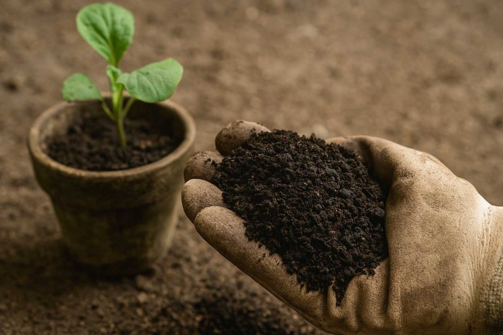 فرس لارو مگس سرباز سیاه در دست باغبانی کنار گلدان خاکی با نشای کوچک